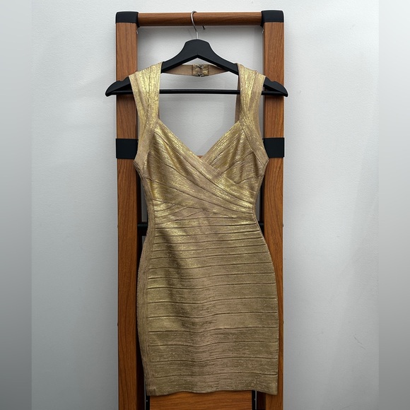 Herve Leger Dresses & Skirts - Hervé Léger Gold Champagne Bandage Dress XS | Metallic Bodycon Cocktail Dress